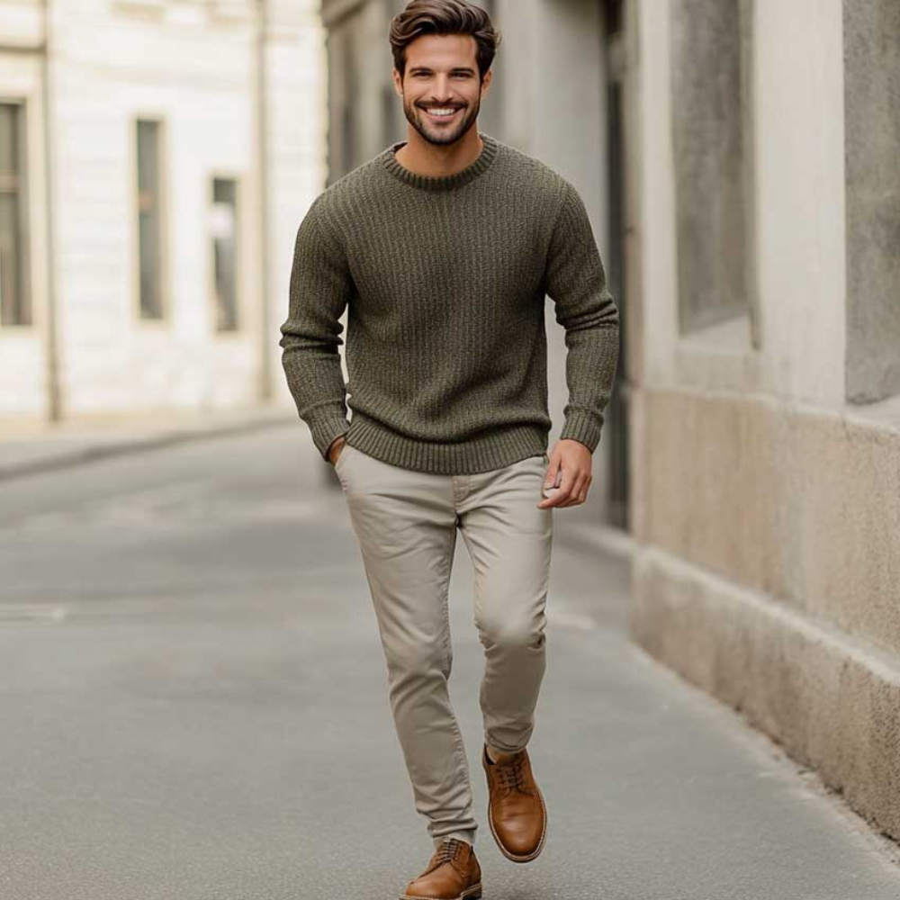 Man walking on a street wearing a green sweater, beige pants, and brown shoes.

